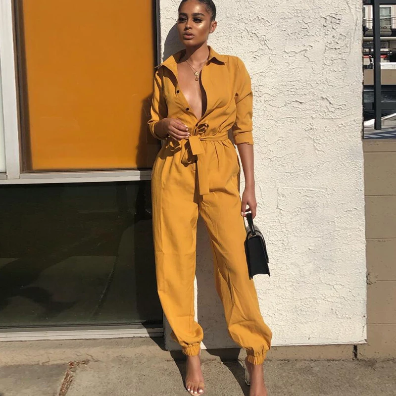 

Long Sleeve Jumpsuit Romper Women Jogger Pants Elegant Outfits Belt Single Breasted Button Streetwear Harajuku Stylish Designer