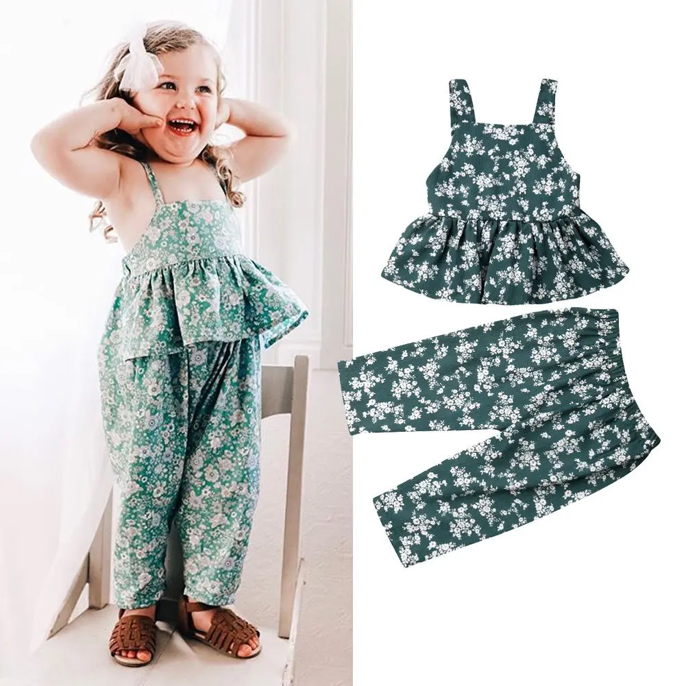 

1-7Y Summer Pretty Toddler Baby Girls Boho Clothes 2PCS Floral Print Sleeveless Vest Tops+Long Pants