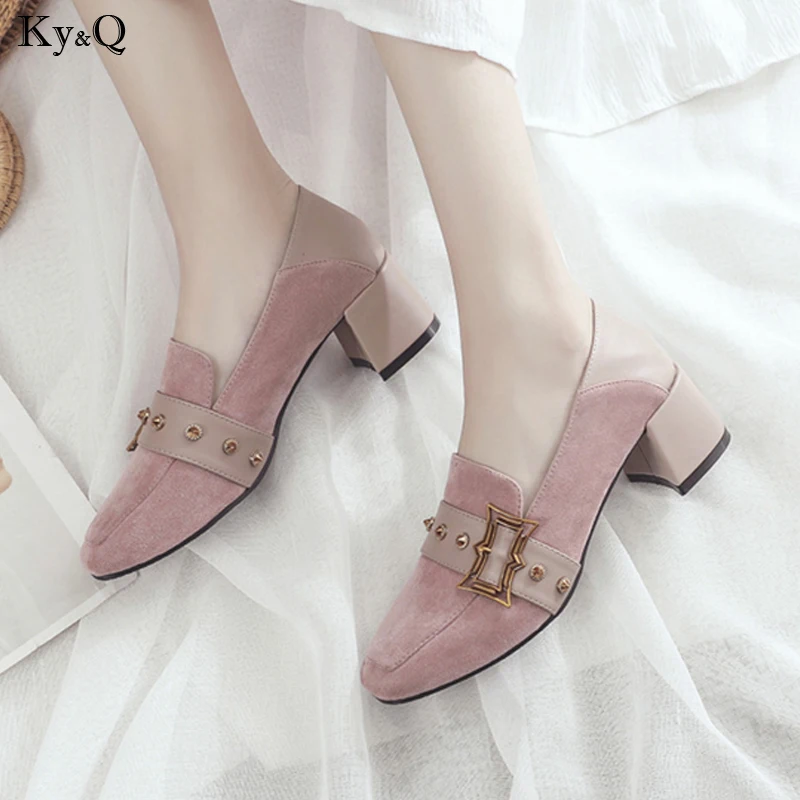 

Spring New 2019 British Wind Ladies Fashion Color Square Head Matching Thick Rivet Decoration Metal With Lok Fu Shoes 3-5cm
