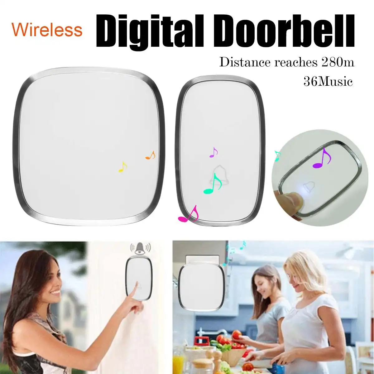 

Waterproof 36 Music Chimes Portable Digital Wireless Doorbell Cordless US Plug-in Wall Home Security Smart Door Bell Ring