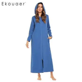 

Ekouaer Women Sleepwear Long Robe Long Sleeve Dressing Gown Zip-front Hooded Bathrobe Spa Bathroom Kimono Robes Homewear