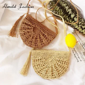 

Herald Fashion Women Handmade Woven Half Moon Crossbody Bag Half Round Female Straw Bags Summer Beach Rattan Handbag Bohemia Sac