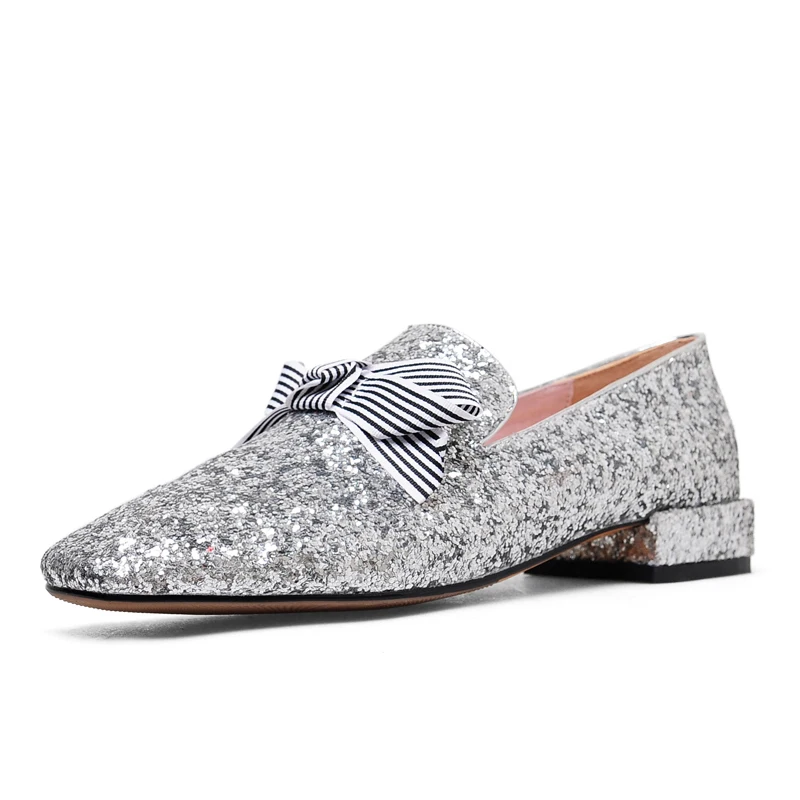 

Silver Leather Women Plus Size Pumps 2 CM Chunky Heels Summer Style Slip-on Dress Shoes Woman Low Shoes Box Packing P-974