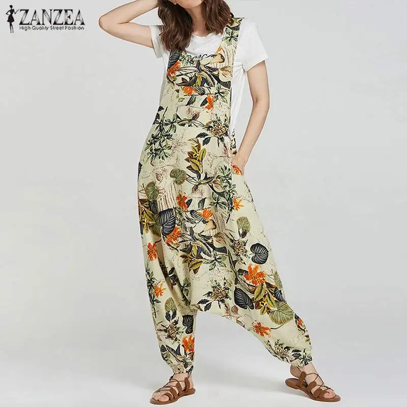 

ZANZEA 2019 Summer Rompers Womens Jumpsuit Vintage Bohemian Floral Print Drop-Crotch Long Combinaison Ladies Cotton Playsuit