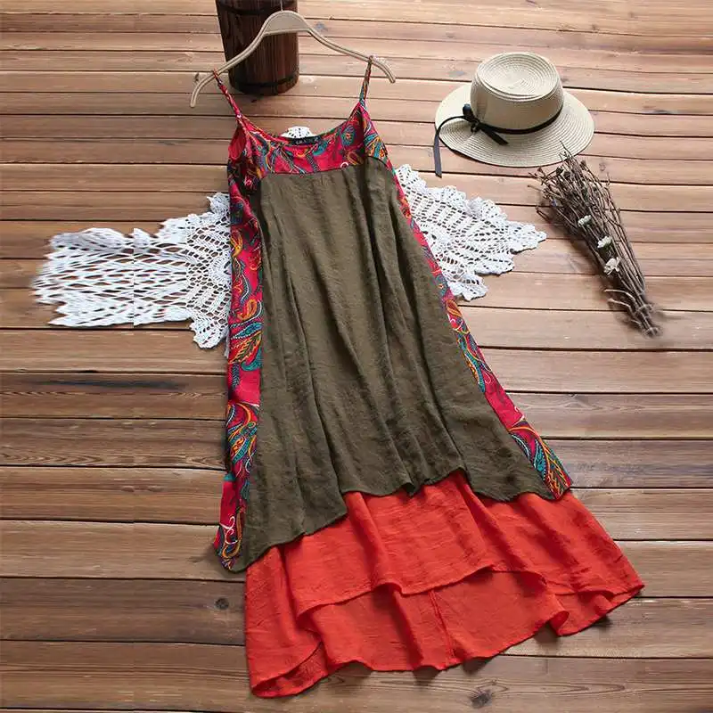 

Print Dress 2019 Summer Women's Sundress Female Spaghetti Strap Linen Dress Patchwork Long Vestidos Oversized Robe Femme