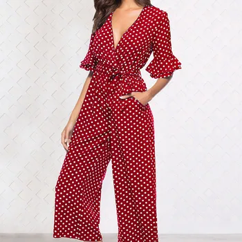 

Women Casual Half Sleeve Jumpsuits Fashion Ruffles Partywear Rompers Print Overalls Sexy Ladies Deep V-neck Jumpsuits