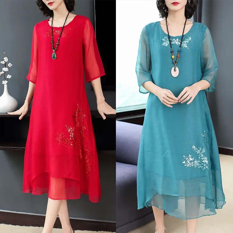 New 2019 Spring Vintage Women dress Slim Embroidery Loose High-end Silk Dresses Red Green 6127