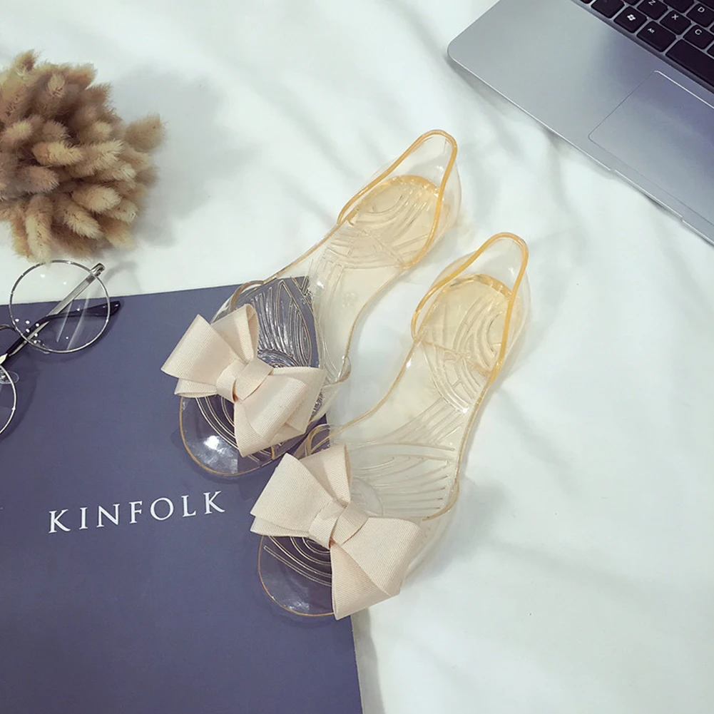 

Summer Women Bow Flower Jelly Beach Sandals Flip Flops Flat Shoes Clear Slippers