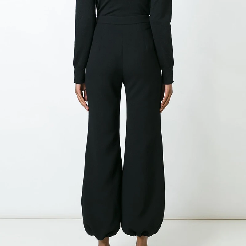 [EAM] осенне-зимние женские оригинальные стильные новые черные брюки на молнии с высокой талией, плиссированные расклешенные брюки LE782