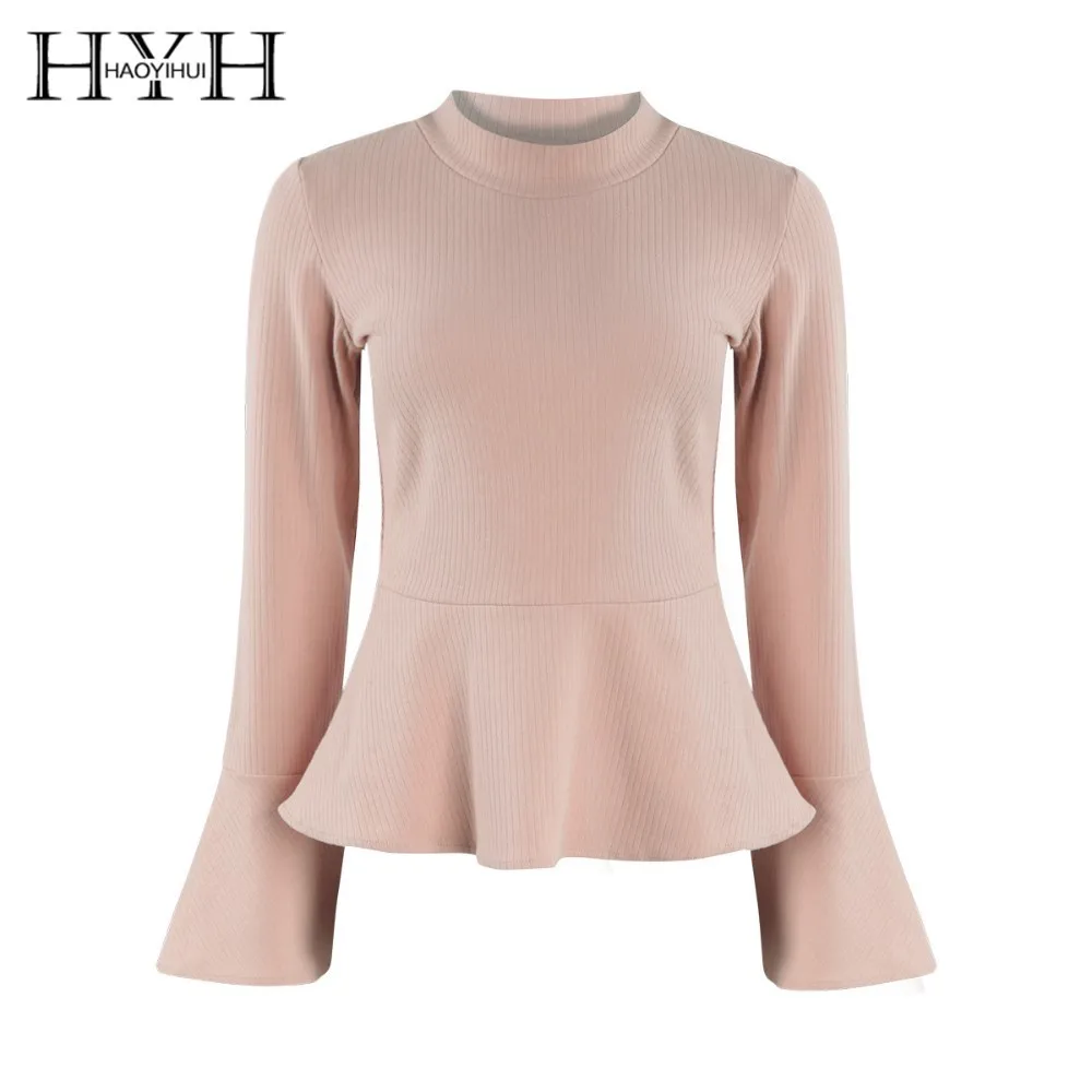 

HYH HAOYIHUI 2019 Euro-American style simple pure-color bell sleeve bottom early autumn round collar Pullover knitted shirt