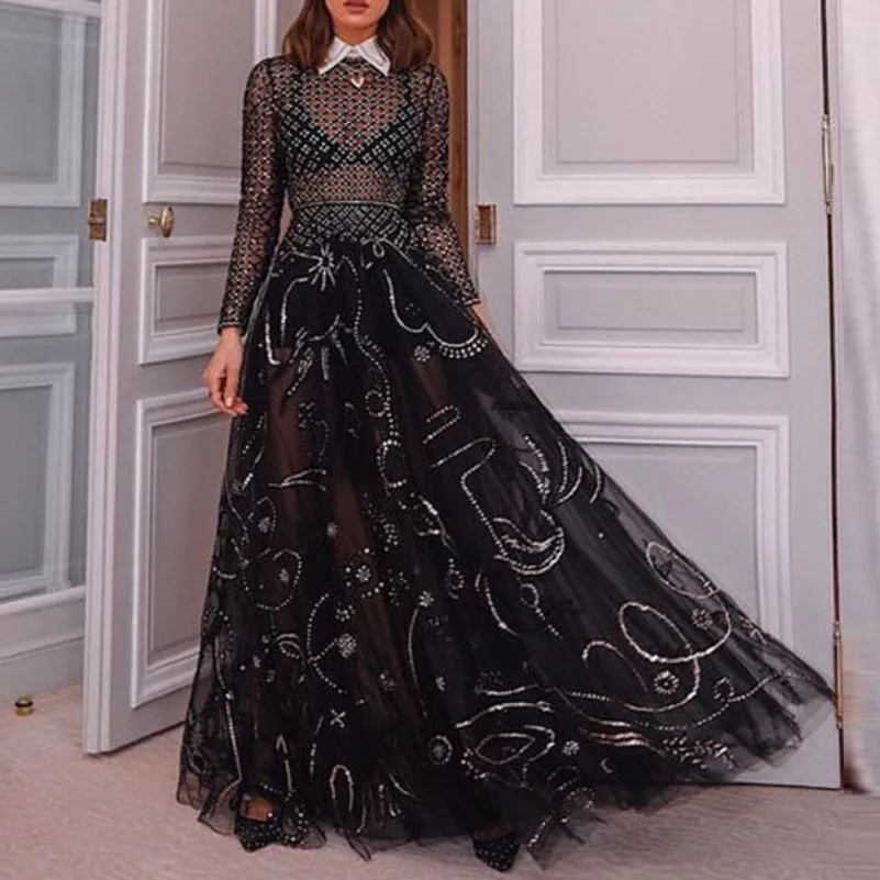 

black long dress sexy mesh transparent long sleeve vestidos robe femme kleider sukienka fashion women dress elegant clothing