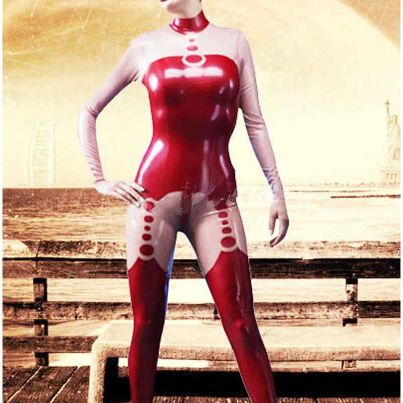 

Red and Pink Catsuit Latex Suit Rubber Cute Full Cover Bodysuit Size XXS-XXL