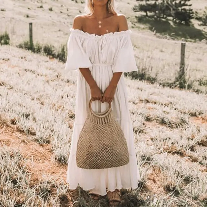 Простое летнее богемное Белое Женское длинное платье для путешествий с открытыми плечами, плиссированное платье на шнуровке с рукавом-фонариком, свободное элегантное женское пляжное платье