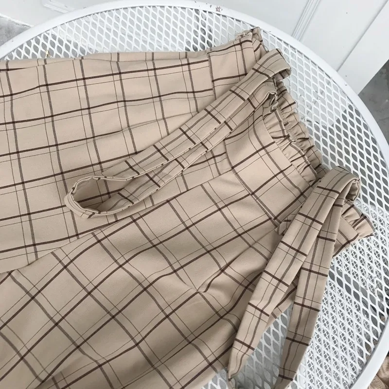 

Mooirue Spring Plaid High Waist Overalls Pants Women Sweet Lattice Salopettes Wide Leg Trouser Bow Suit Pants Khaki Gray Bottoms