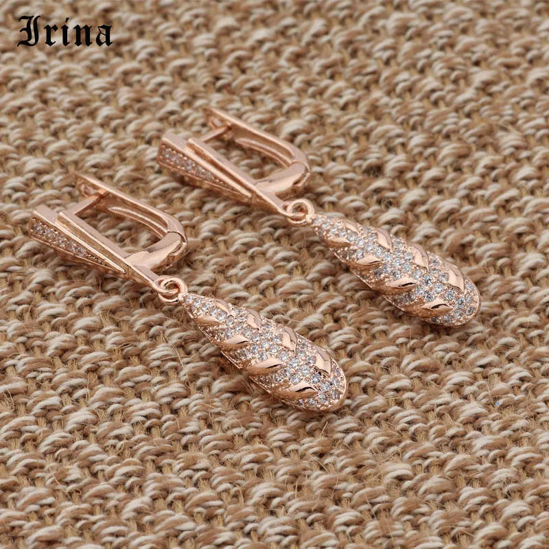 Irina 585 Elegant AAA Cubic Zirconia Water Drop Dangle Earrings For Bridal Rose Gold Color Micro insert Romantic Dangle Earrings