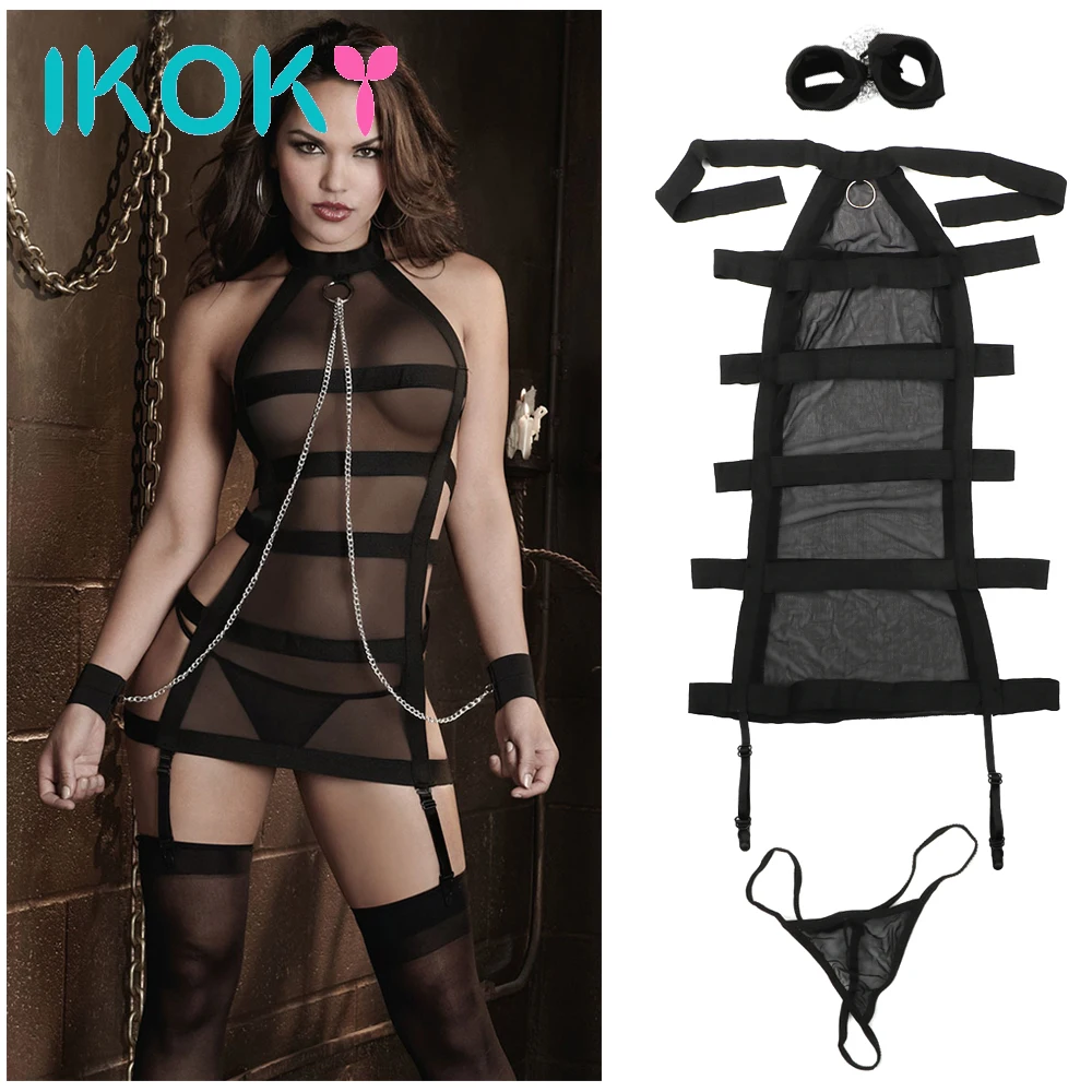 

IKOKY Open Crotch Sexy Lingerie Underwear Kit Shackle Bundled Role Play Exotic Costumes Sexy Black Mesh Handcuffs Perspective