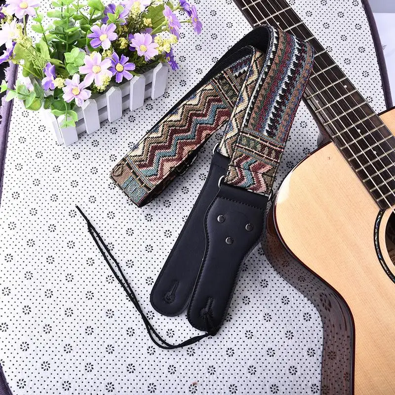 

Vintage Electric Guitar Strap Folk Guitar Oblique Strap Woven Embroidery Fabrics Leather Ends Strap