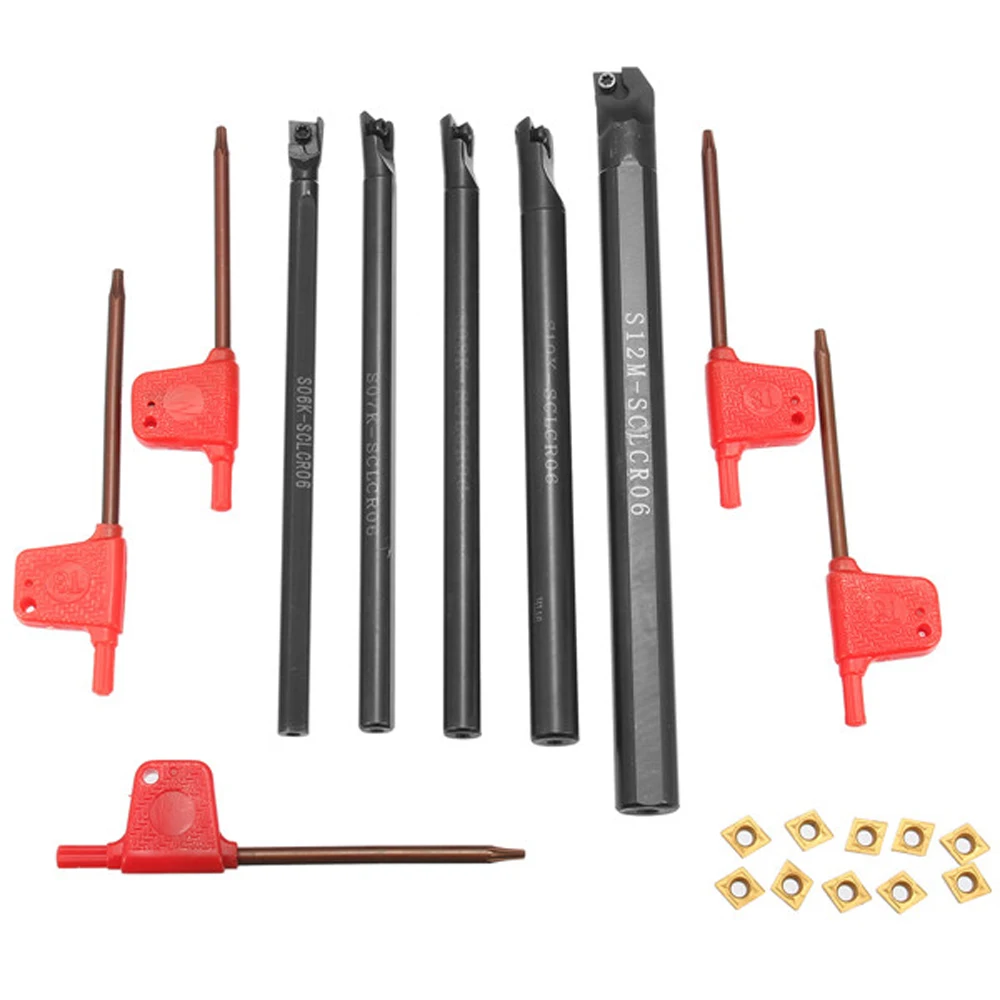 

5Pcs of SCLCR 6/7/8/10/12mm Lathe Tool Boring Bar Metal Tunring Tool Holder Torno 10Pcs CCMT0602 Rod Industrial + 5Pcs Wrenches