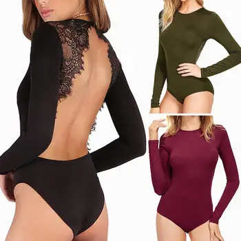 

Sexy Backless Bodycon Skinny Lace Bodysuit Women Black Green Red Long Sleeve Rompers Womens Jumpsuit Body Suit Long Tops