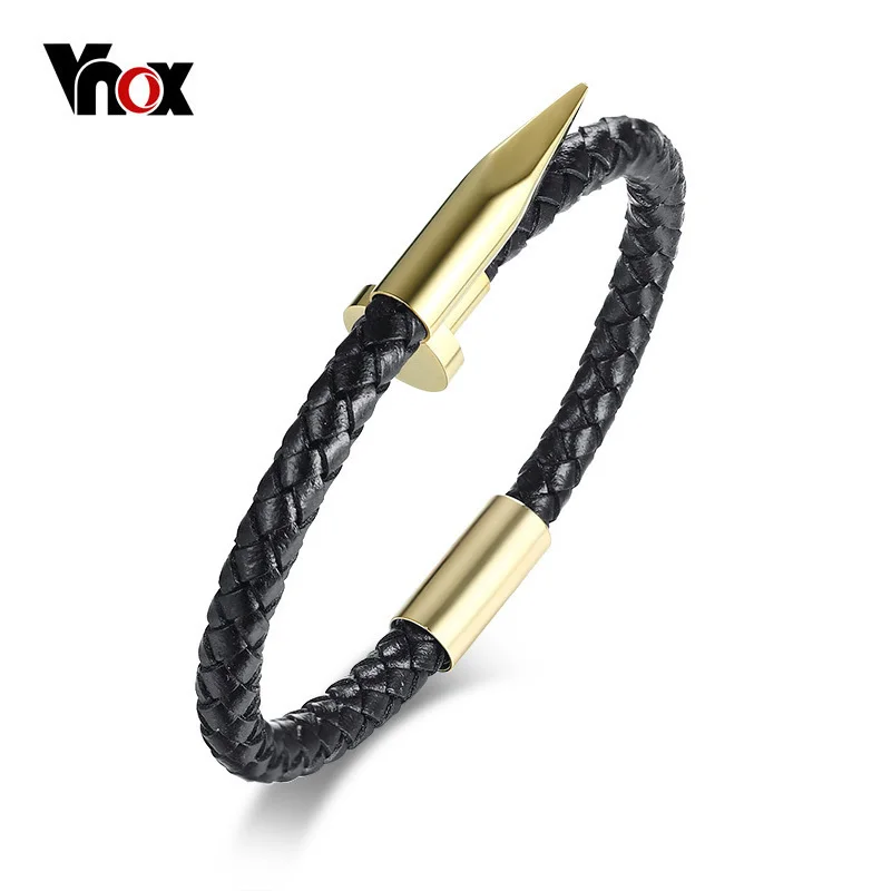 

Vnox Men's Wrap Bracelets Bangles Pulseiras 6MM Black Weave Genuine Leather Nail Charm Love Cuff Bracelet Masculina 8.66
