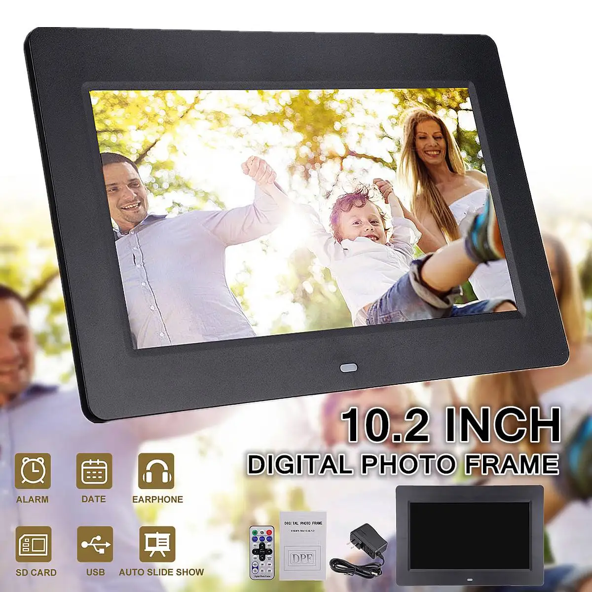 

Multi-functional 10.2 Inch HD 1024x600 Digital Photo Frame Calendar Clock Movie Music Player + Remote Control White Black