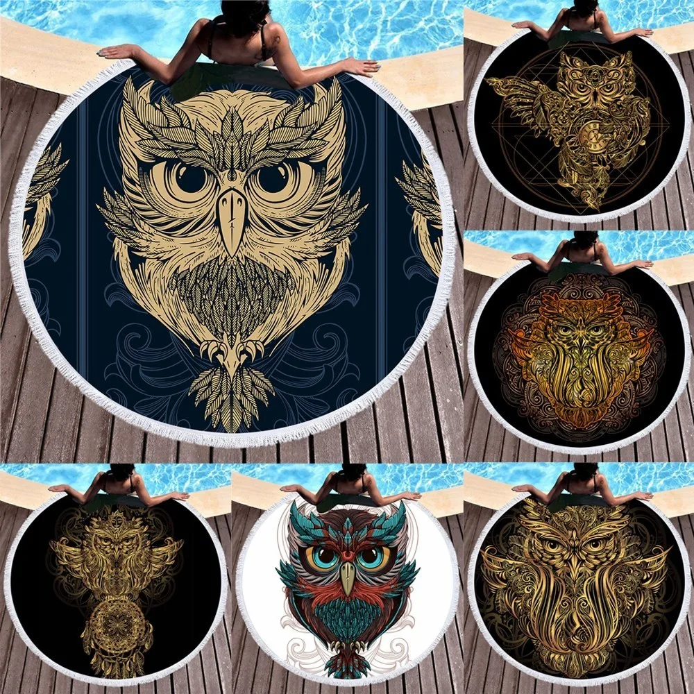 

Round Beach Towels Microfiber Owl Boho Style Good Water Absorption Swimsuit Wrap Skirt Shawl Bath Towels Yoga Mat 150x150cm
