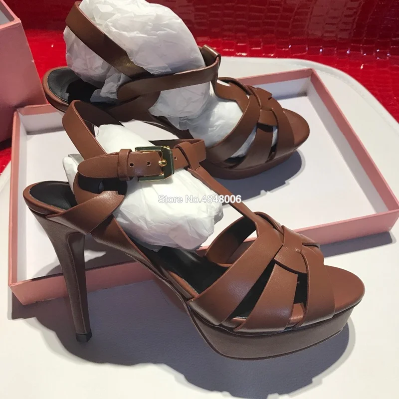 

Fashion Women Brown Matt Leather Strappy Hollow Out Sandal Thin High Heels Platform Buckle Strap Woman Party Dress Shoes