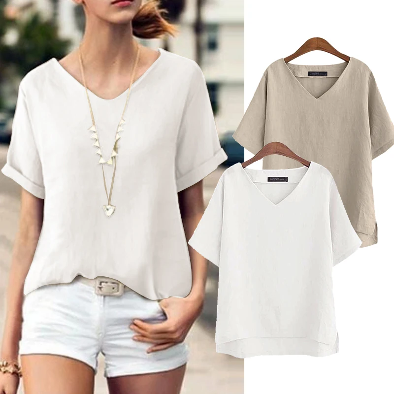 ZANZEA Summer Shirts Women Short Sleeve Linen Blouse Elegant V neck ...