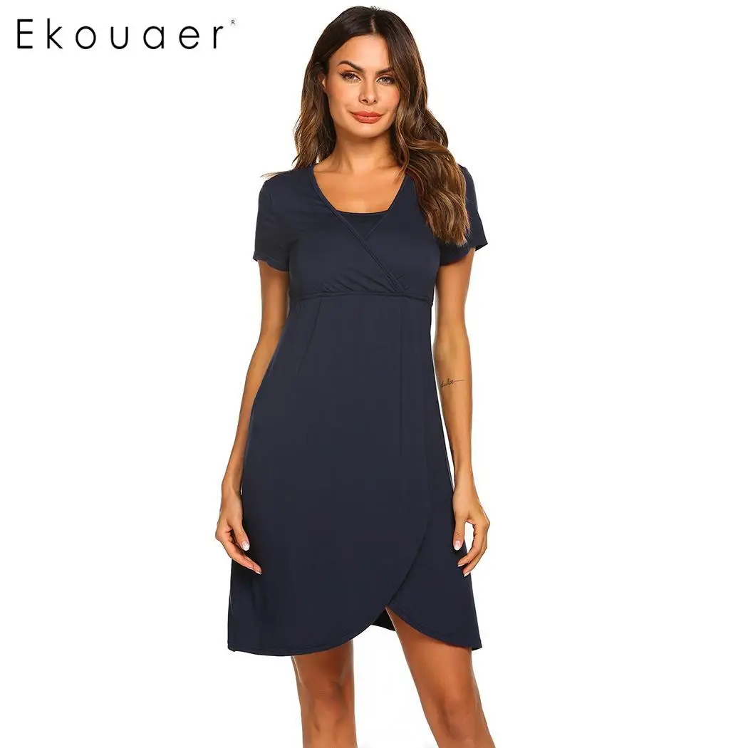 Ekouaer, Женское ночное платье, ночная рубашка для беременных, кормящих грудью, ночная рубашка с круглым вырезом, свободная Пижама, домашнее платье