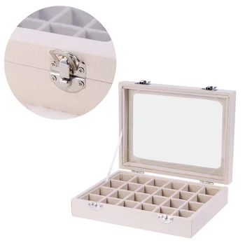 

Portable 24 Grid Jewelry Organizer Jewelry Storage Boxes Display Box with Glass Cover for Ring Earrings (Beige)