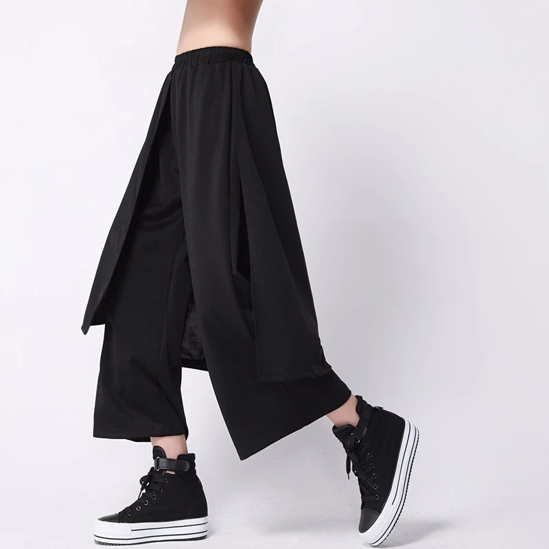 [EAM] Новинка Осень Зима высокая эластичная талия черные свободные длинные ложные две широкие брюки женские брюки Мода волна JK908