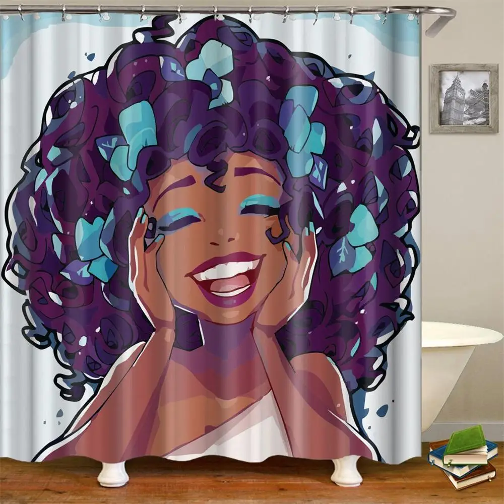 امرأة أفريقية الأفرو تصميم دش الستار حمام زينة ديكور الحمام مع السنانير امرأة سوداء دش الستار