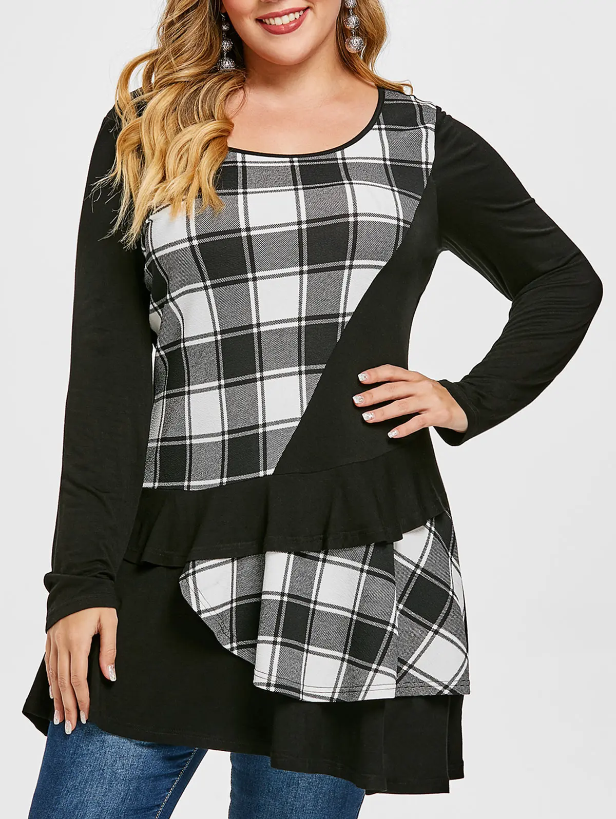 Retro Plus Size Ruffle Layered Plaid Shirts Women Long Sleeve O Neck ...