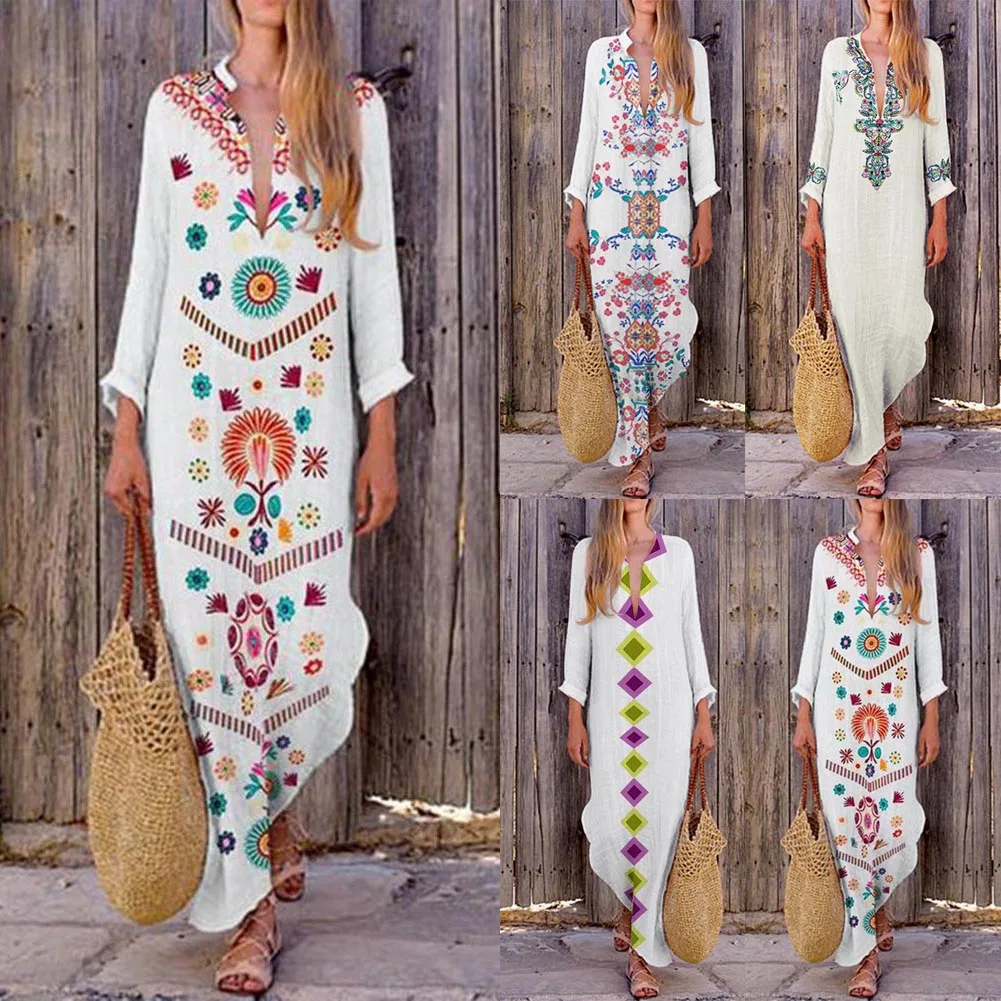 

Women Floral Maxi Beach Long Sleeve Casual Boho Kaftan Tunic Gypsy Ethnic Dress Ladies Loose Embroidery Long Dress
