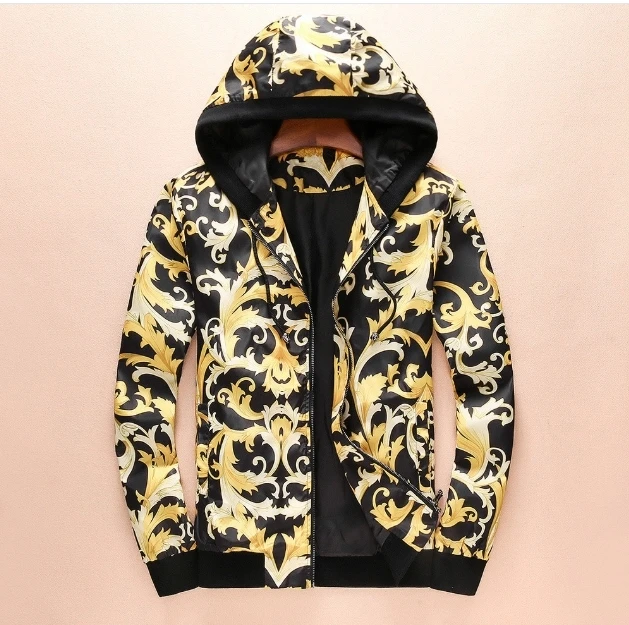 

2019 New Fashion 19ss Designer Royal Flower Luxury Print Jacket With Hood For Men Outwear Clothing Famous Long Sleeve Brand