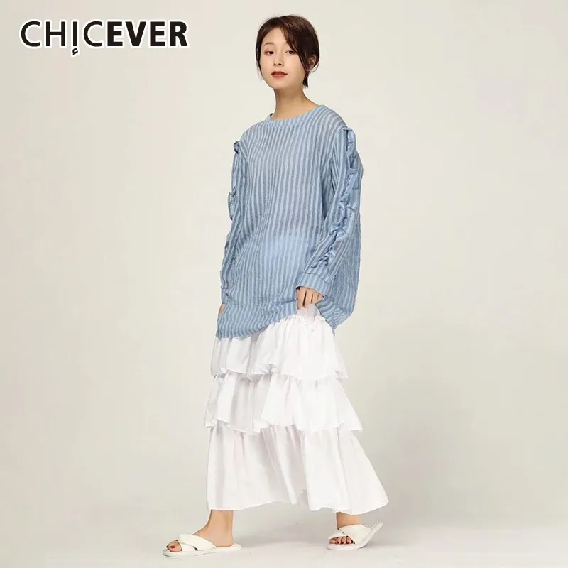 

CHICEVER Spring Casual Women Two Piece Set Striped O Neck Long Sleeve Top Clothing With Pleated Skirt Female Suit 2019 New Tide