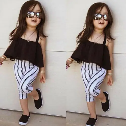 

Toddler Kid Baby Girl Clothes Strap Tops+Stripe Trousers Pants 2PCS Outfits Set