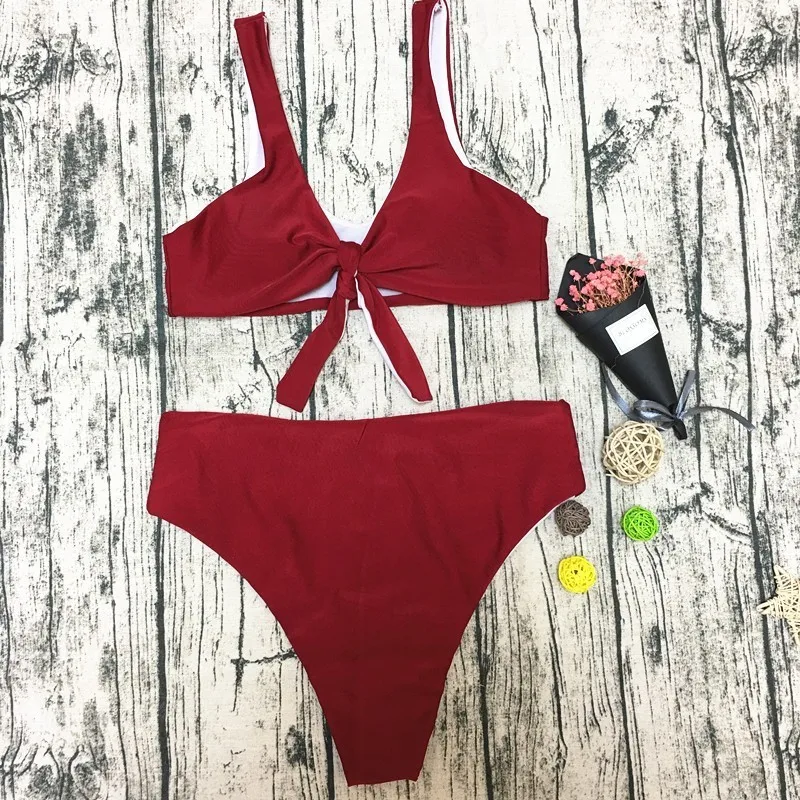 

Sexy Red Swimsuit Women Two Piece Mid Waist Bikini Set Push Up Adjustable Swimwear Lady Summer Bathing Suits Beach Swimming Wear