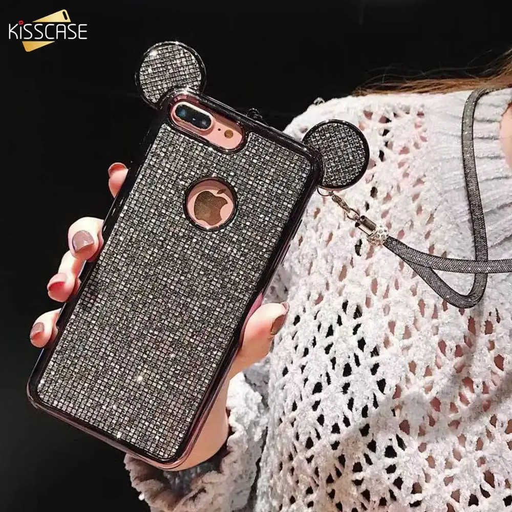 KISSCASE Роскошный Шикарный девичий чехол для iPhone X XR XS Max 7 8 6s Plus милые уши Микки Мауса