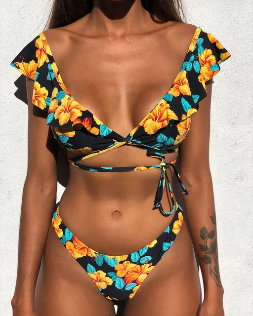 

Hot Sale Off The Shoulder Print Ruffled Bikini Mujer 2019 New Sexy Swimwear Women Swimsuit Brazilian Bikini Set Thong Biquinis