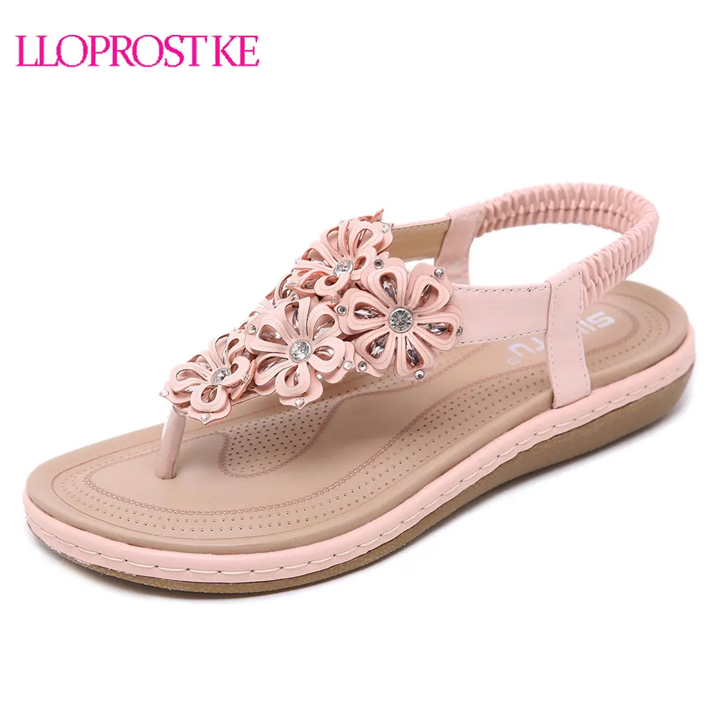 

Lloprost ke 2019 new summer shoes woman flat with sandals flower crystal sandals women casual female Bohemia beach shoes H148