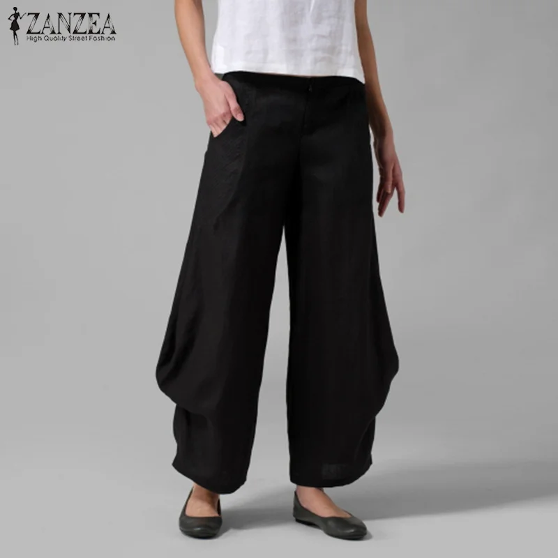 

ZANZEA Women Casual Elastic Waist Wide Leg Pants Spring Ladies Work Pantalon Harem Pants Pockets Solid Ruffle Trousers Plus Size