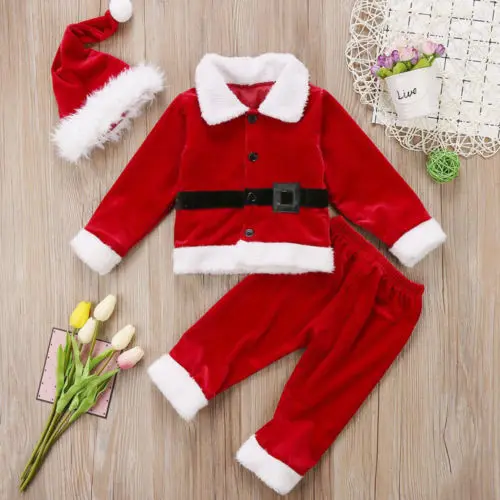 

2019 Xmas Red Clothes Set Toddler Baby Boy Girl Christmas Santa Claus Top Pants Hat Xams Party Outfits Clothes