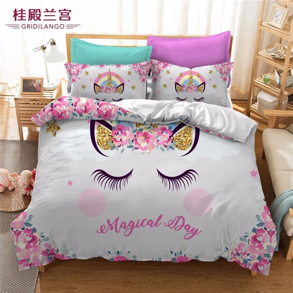 

Cartoon Birthday Party Unicorn Bedding Set Cute Colorful Unicorn Duvet Cover Pillow Case 3PCS Kids Girls For Gift Home Textile