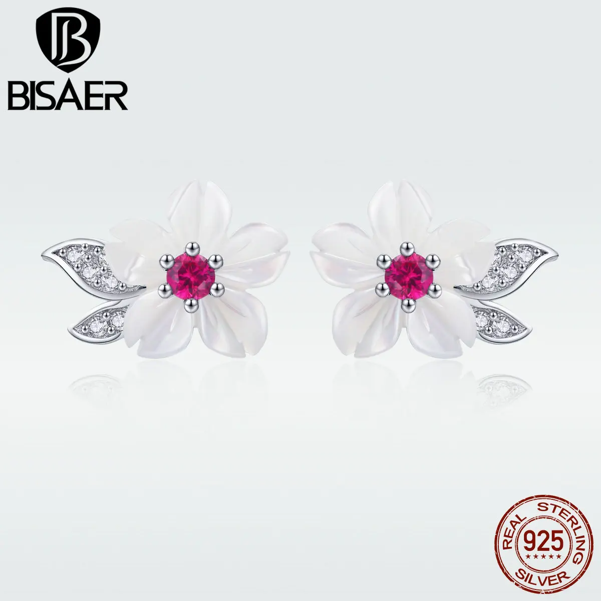 

BISAER 925 Sterling Silver Elegant Shell Flower Stud Earrings For Women Compatible All Occasions Trendy Jewelry Brincos HVE055