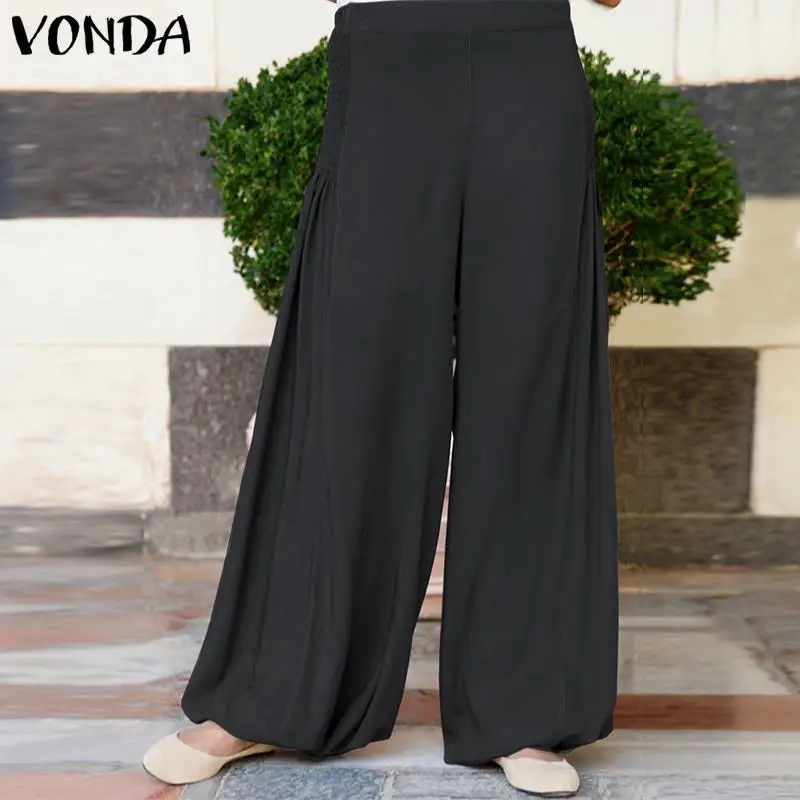 

VONDA Fashion Wide Leg Pants Female Women Casual Loose Elastic Waist Trousers 2019 Spring Pants Plus Size Office Ladies Bottoms