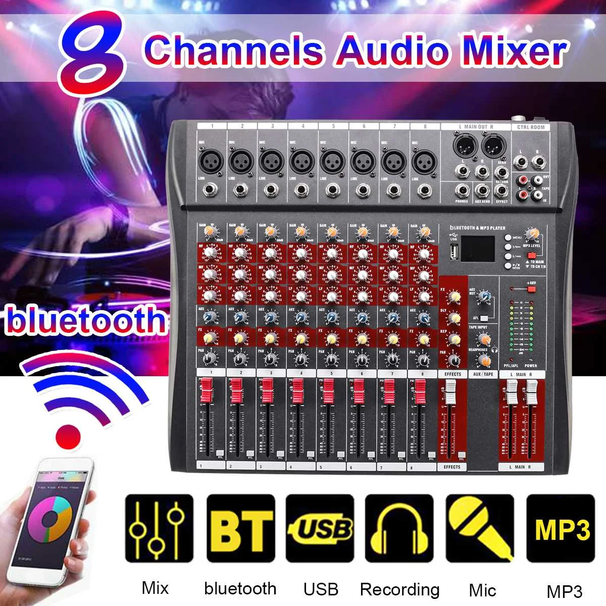 

Professional 8 Channel Audio Mixer DJ Sound with bluetooth Record Live Studio Mixing Console Karaoke 48V Phantom Power USB Jack