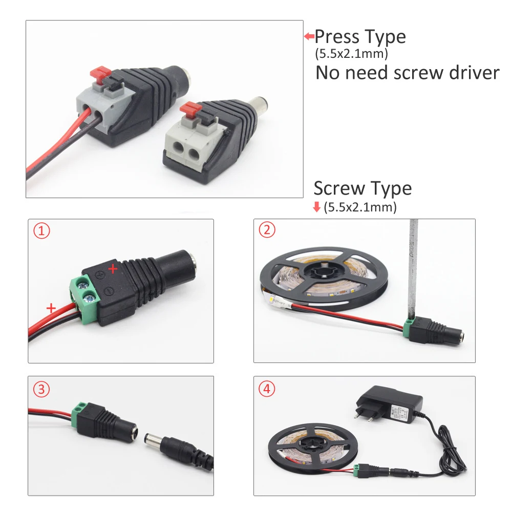 Famale Мужской DC разъем питания адаптер Разъем 5,5 мм x 2,1 мм 5050 2835 5060 одноцветная Светодиодная лента пресс-разъем для камер видеонаблюдения