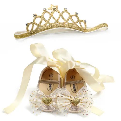 

Toddler Baby Girl Soft Sole Party Shoes Princess Bownot Shoes+Headband Prewalker