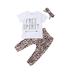 Комплект летней одежды из 3 шт. для маленьких девочек, топ с короткими рукавами и леопардовые штаны, комплект одежды